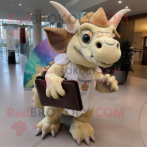Beige Triceratops mascot costume character dressed with a Midi Dress and Messenger bags