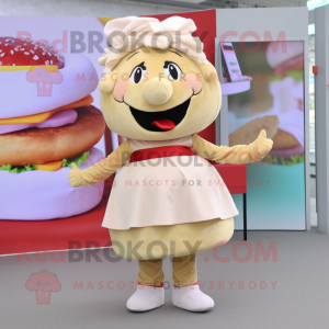 Beige Burgers mascot costume character dressed with a Mini Skirt and Headbands