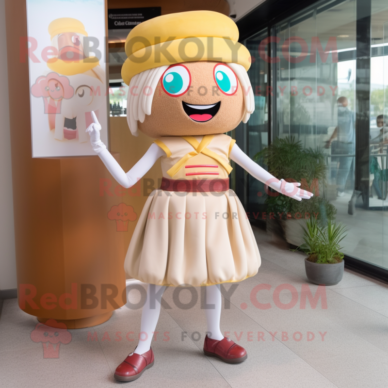 Beige Burgers mascot costume character dressed with a Mini Skirt and Headbands Beige Burgers mascot costume character dressed with a Mini Skirt and Headbands