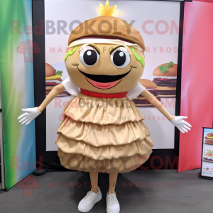 Beige Burgers mascot costume character dressed with a Mini Skirt and Headbands