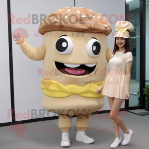 Beige Burgers mascot costume character dressed with a Mini Skirt and Headbands