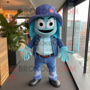 Cyan Ceviche mascot costume character dressed with a Bootcut Jeans and Berets