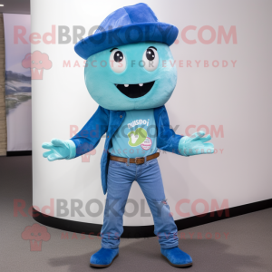 Cyan Ceviche mascot costume character dressed with a Bootcut Jeans and Berets