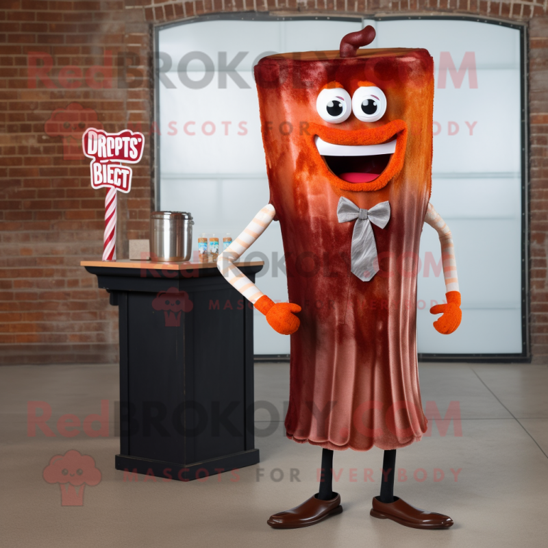 Rust Bbq Ribs mascot costume character dressed with a Cocktail Dress and Tie pins Rust Bbq Ribs mascot costume character dressed with a Cocktail Dress and Tie pins