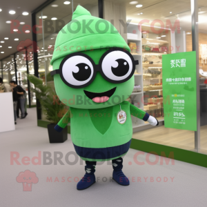 Forest Green Miso Soup mascot costume character dressed with a Leggings and Eyeglasses