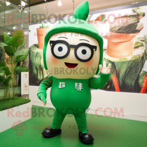 Forest Green Miso Soup mascot costume character dressed with a Leggings and Eyeglasses