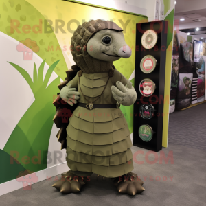 Olive Pangolin mascot costume character dressed with a Midi Dress and Messenger bags