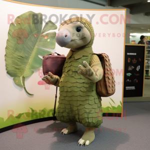 Olive Pangolin mascot costume character dressed with a Midi Dress and Messenger bags