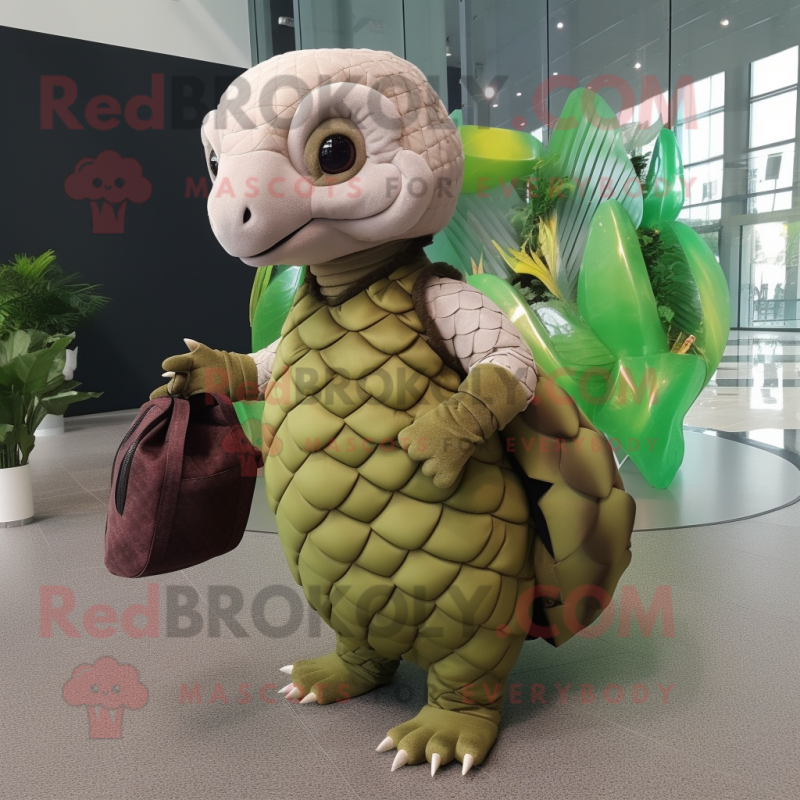 Olive Pangolin mascot costume character dressed with a Midi Dress and Messenger bags