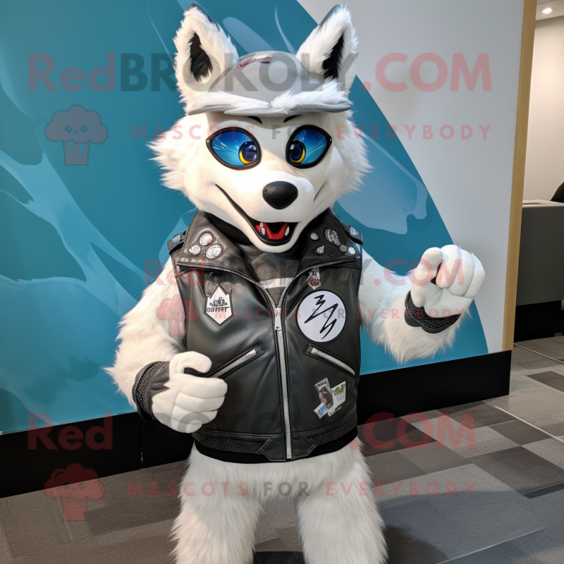 White Wolf mascot costume character dressed with a Moto Jacket and Headbands White Wolf mascot costume character dressed with a Moto Jacket and Headbands