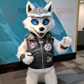 White Wolf mascot costume character dressed with a Moto Jacket and Headbands