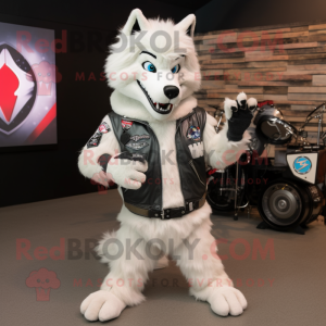 White Wolf mascot costume character dressed with a Moto Jacket and Headbands