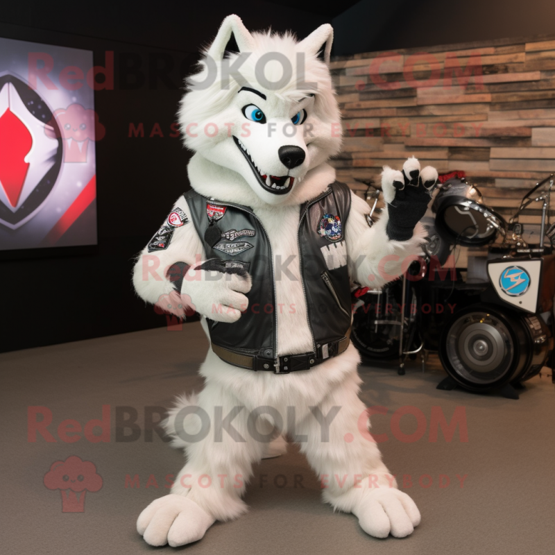 White Wolf mascot costume character dressed with a Moto Jacket and Headbands