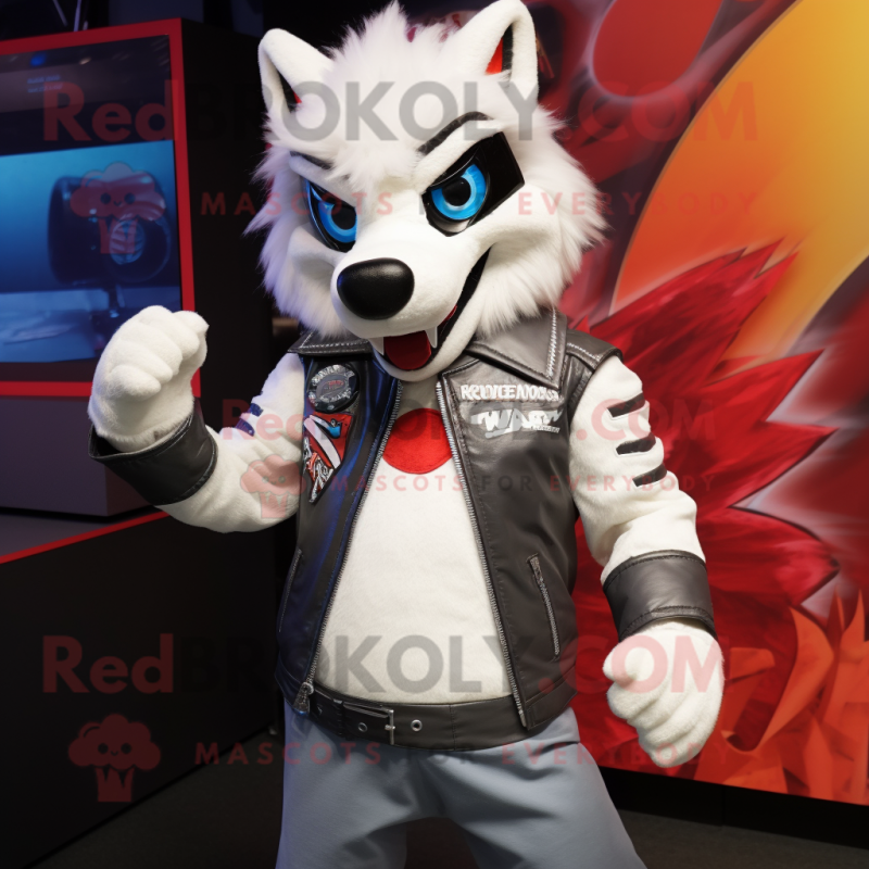 White Wolf mascot costume character dressed with a Moto Jacket and Headbands