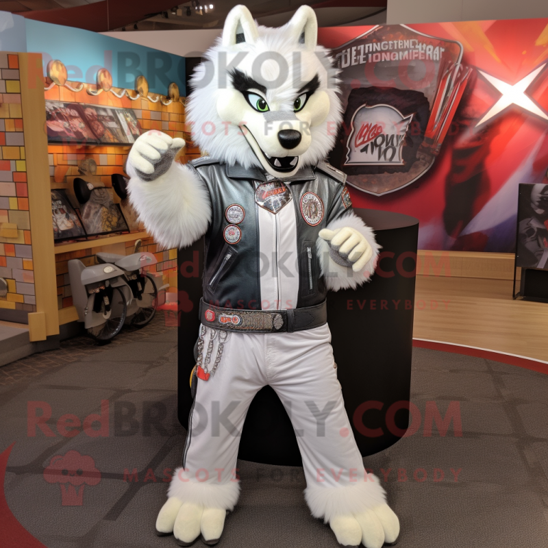 White Wolf mascot costume character dressed with a Moto Jacket and Headbands White Wolf mascot costume character dressed with a Moto Jacket and Headbands