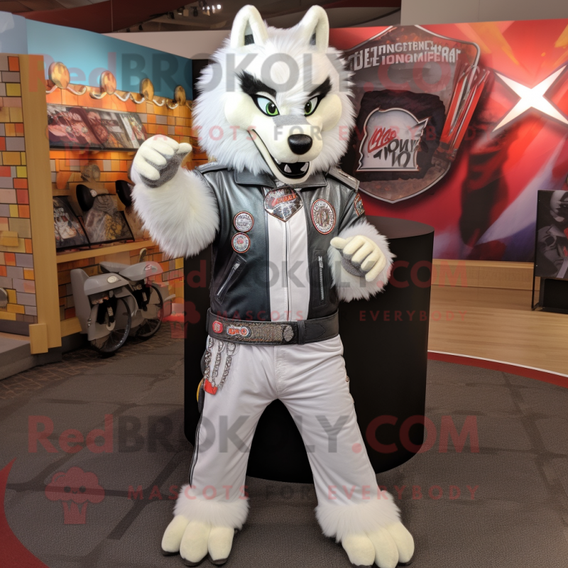 White Wolf mascot costume character dressed with a Moto Jacket and Headbands