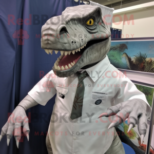 Gray Tyrannosaurus mascot costume character dressed with a Poplin Shirt and Brooches