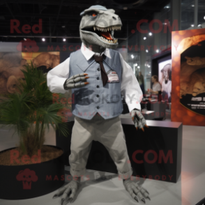 Gray Tyrannosaurus mascot costume character dressed with a Poplin Shirt and Brooches