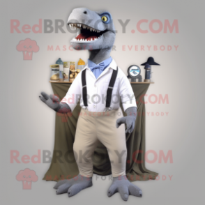 Gray Tyrannosaurus mascot costume character dressed with a Poplin Shirt and Brooches