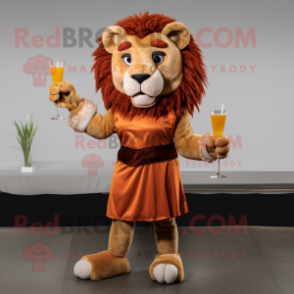 Rust Lion mascot costume character dressed with a Cocktail Dress and Rings