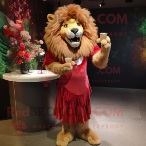 Rust Lion mascot costume character dressed with a Cocktail Dress and Rings