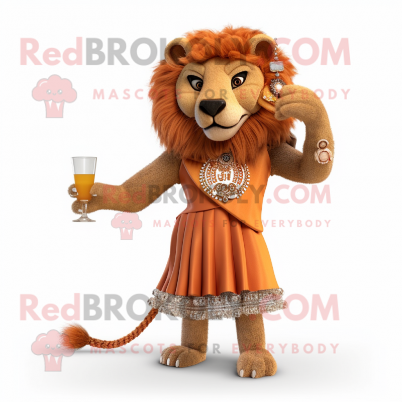 Rust Lion mascot costume character dressed with a Cocktail Dress and Rings