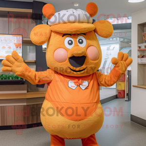 Orange Beef Wellington mascot costume character dressed with a Playsuit and Mittens