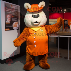 Orange Beef Wellington mascot costume character dressed with a Playsuit and Mittens