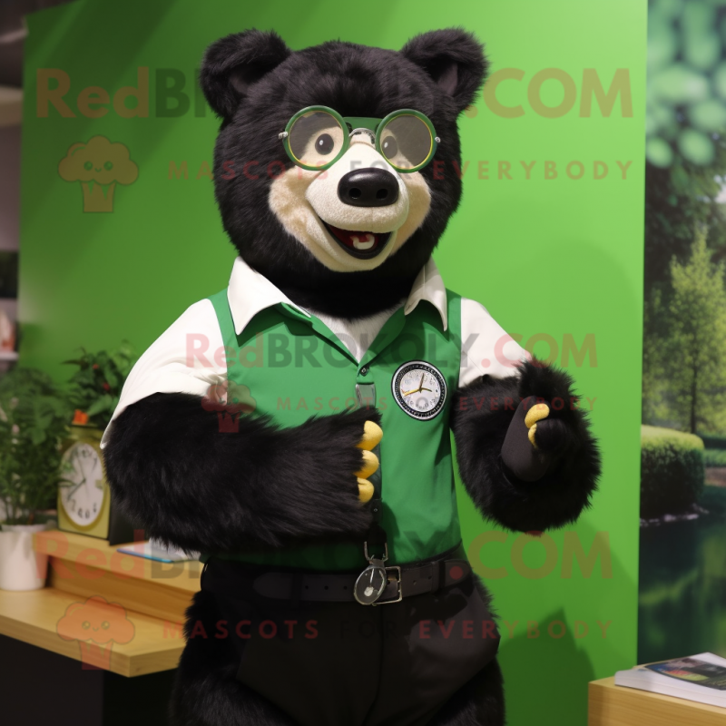 Forest Green Spectacled Bear mascot costume character dressed with a Oxford Shirt and Digital watches