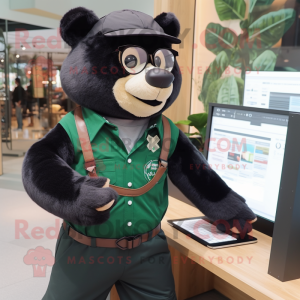 Forest Green Spectacled Bear mascot costume character dressed with a Oxford Shirt and Digital watches