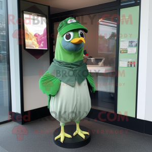 Forest Green Pigeon mascot costume character dressed with a Wrap Skirt and Caps