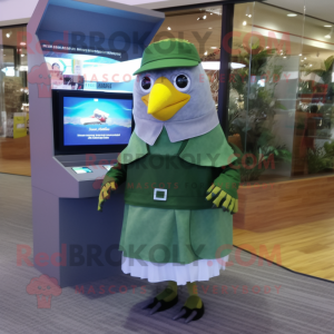 Forest Green Pigeon mascot costume character dressed with a Wrap Skirt and Caps