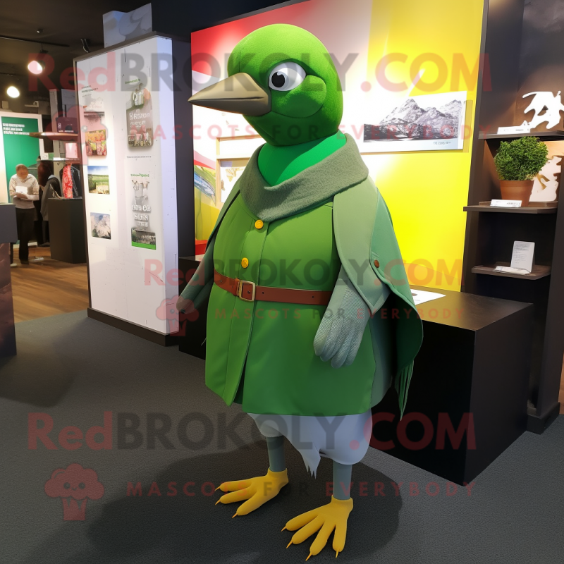 Forest Green Pigeon mascot costume character dressed with a Wrap Skirt and Caps Forest Green Pigeon mascot costume character dressed with a Wrap Skirt and Caps