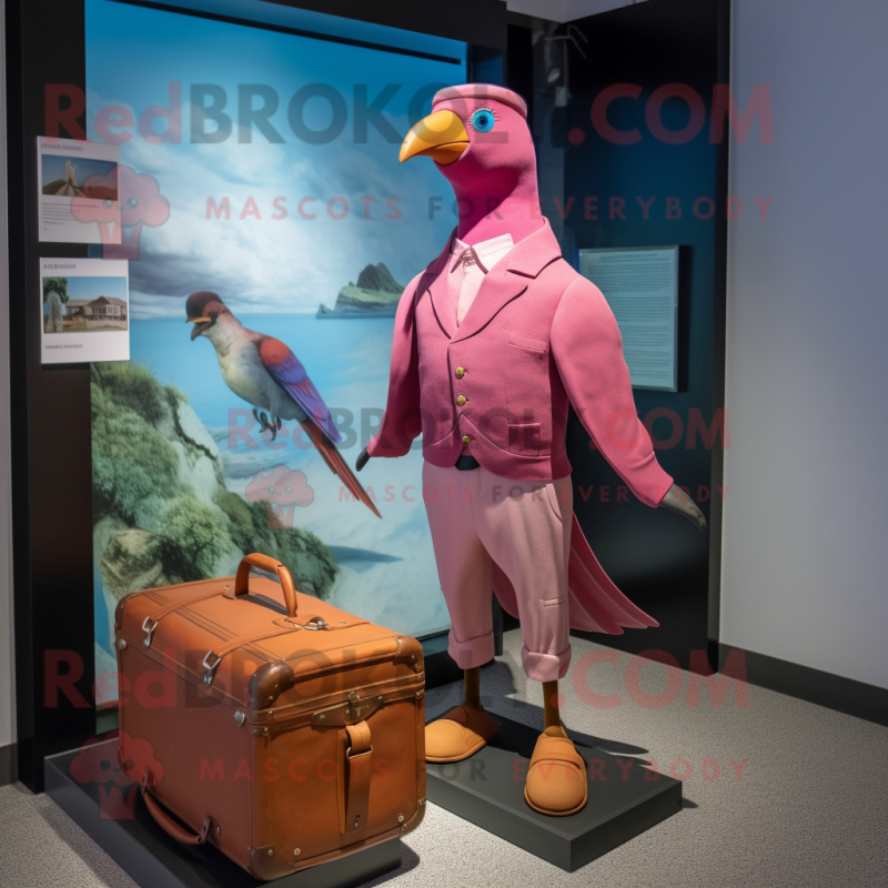 Magenta Passenger Pigeon mascot costume character dressed with a Capri Pants and Briefcases