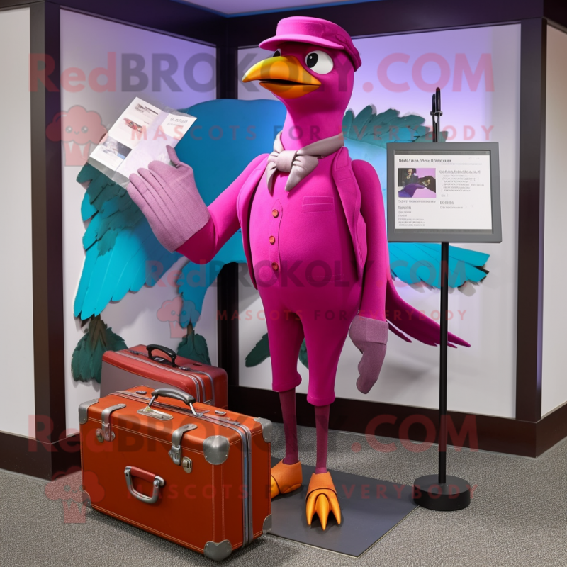 Magenta Passenger Pigeon mascot costume character dressed with a Capri Pants and Briefcases