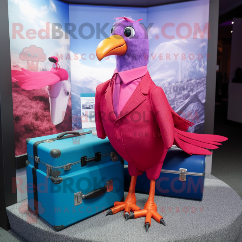 Magenta Passenger Pigeon mascot costume character dressed with a Capri Pants and Briefcases