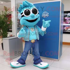 Turquoise But mascot costume character dressed with a Jeans and Digital watches