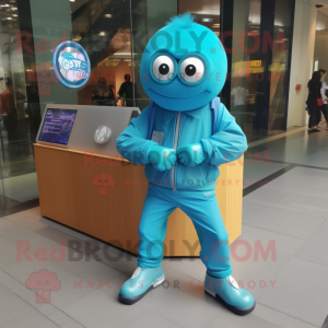 Turquoise But mascot costume character dressed with a Jeans and Digital watches