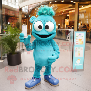 Turquoise But mascot costume character dressed with a Jeans and Digital watches