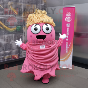 Pink Ramen mascot costume character dressed with a Wrap Skirt and Messenger bags