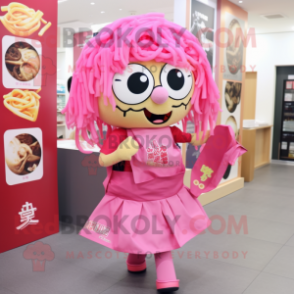 Pink Ramen mascot costume character dressed with a Wrap Skirt and Messenger bags