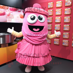 Pink Ramen mascot costume character dressed with a Wrap Skirt and Messenger bags
