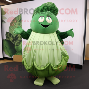 Olive Cabbage mascot costume character dressed with a Pleated Skirt and Mittens