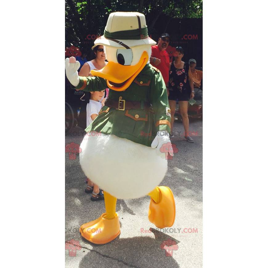 Donald Duck Maskottchen als Entdecker verkleidet -
