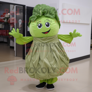 Olive Cabbage mascot costume character dressed with a Pleated Skirt and Mittens