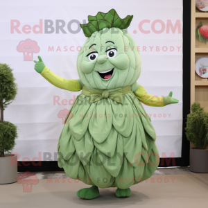 Olive Cabbage mascot costume character dressed with a Pleated Skirt and Mittens