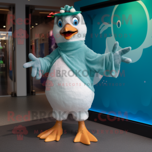 Teal Gull mascot costume character dressed with a Playsuit and Mittens