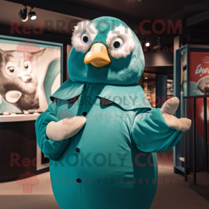 Teal Gull mascot costume character dressed with a Playsuit and Mittens