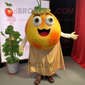 Gold Tomato mascot costume character dressed with a Maxi Skirt and Pocket squares