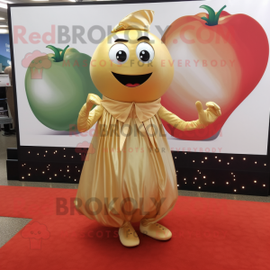 Gold Tomato mascot costume character dressed with a Maxi Skirt and Pocket squares